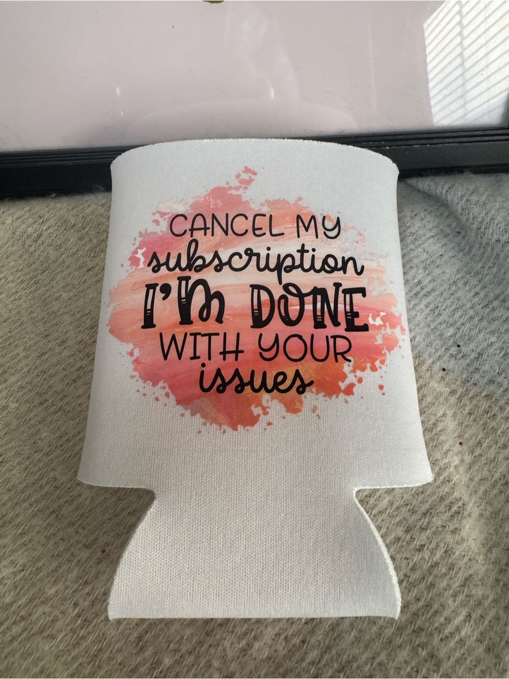 White Can Cooler Koozie with Pink-Orange Watercolor Design
